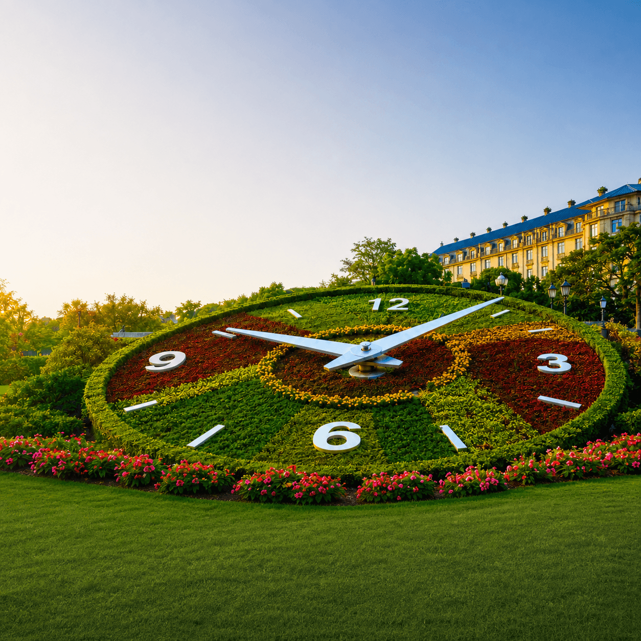 Outdoor clock in a planted landscape.