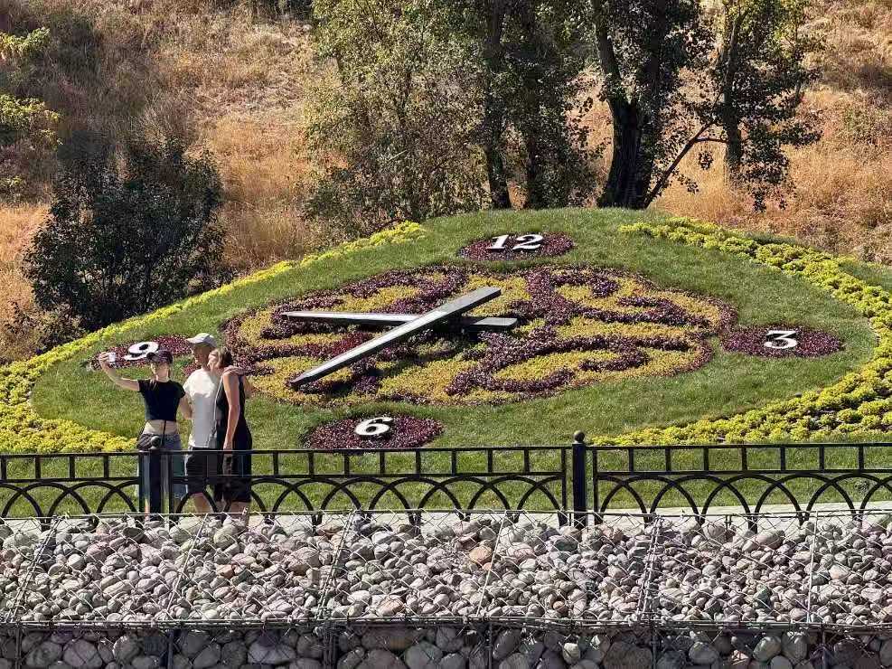 Floral clock at Esentai River in Almaty, Kazakhstan.