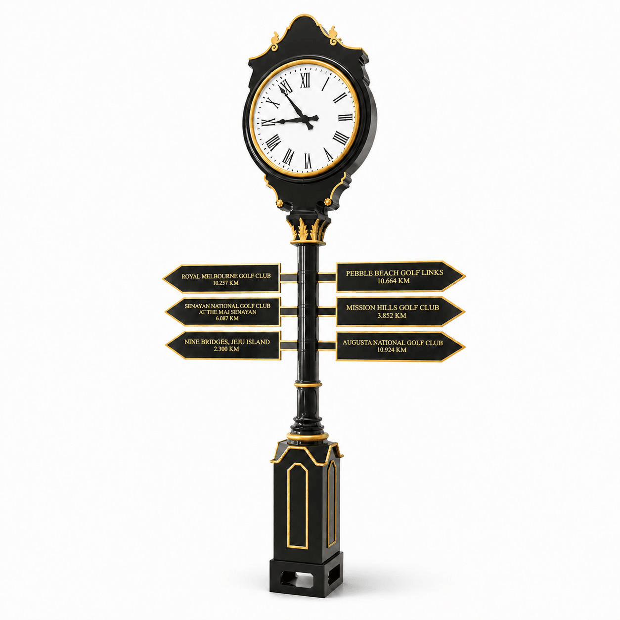 Black and gold street clock with directional signboards.