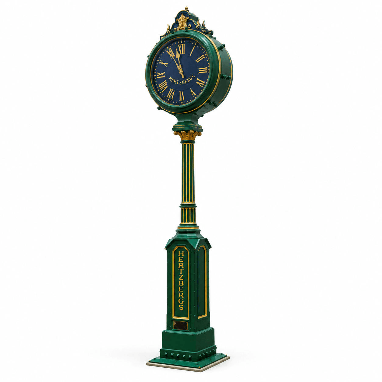 Green heritage-style street clock shown as a product design.