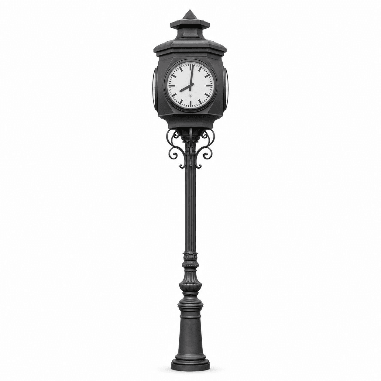 Minimal black street clock with a classic lantern profile.