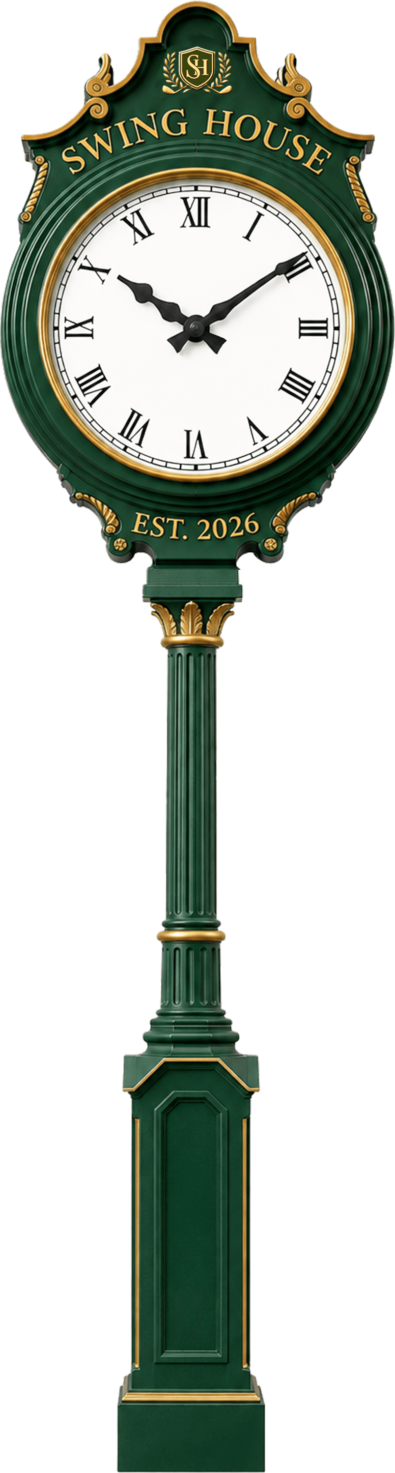 Classic green and gold street clock with a tall freestanding pedestal.