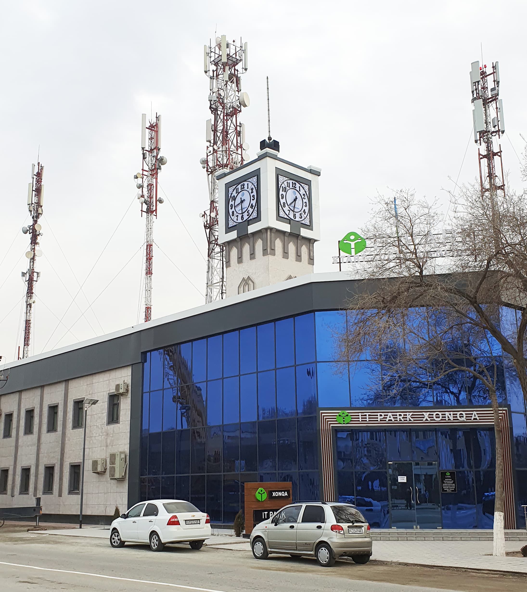 Four-sided tower clock at the Uzbekistan Telecom Office.