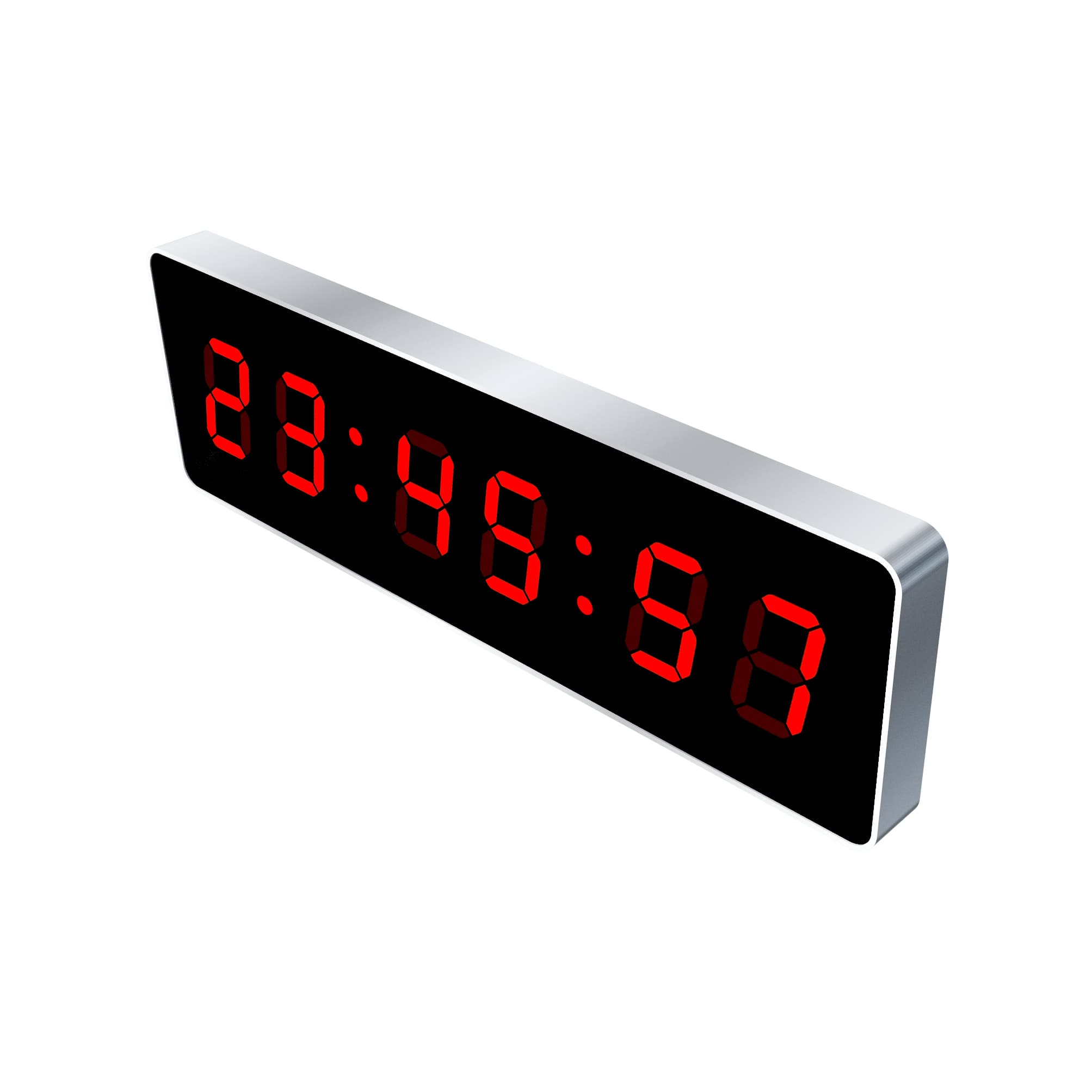 Rounded-edge digital clock enclosure with red LED numerals.
