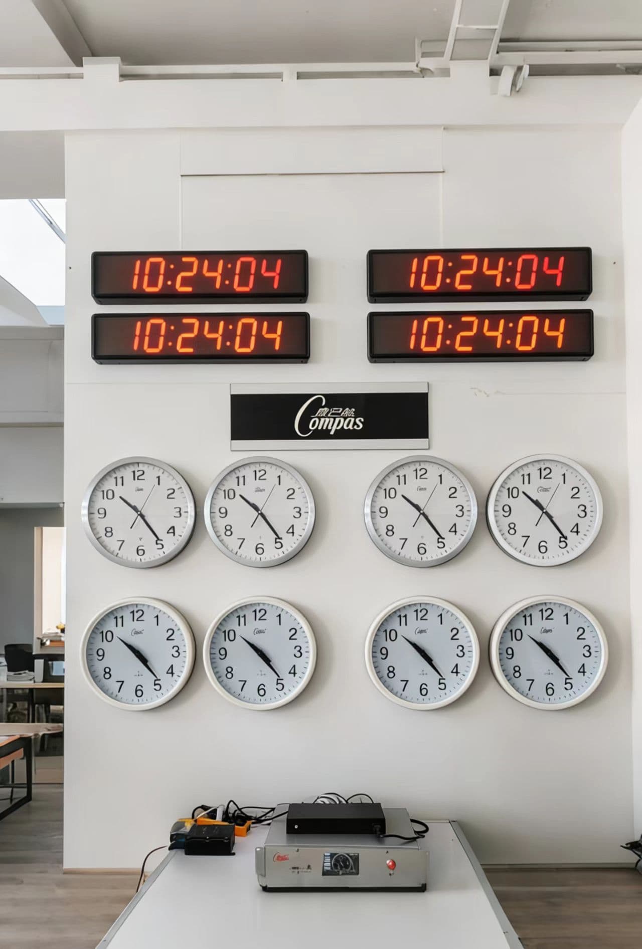 Digital and analog clocks installed together in a demonstration space.
