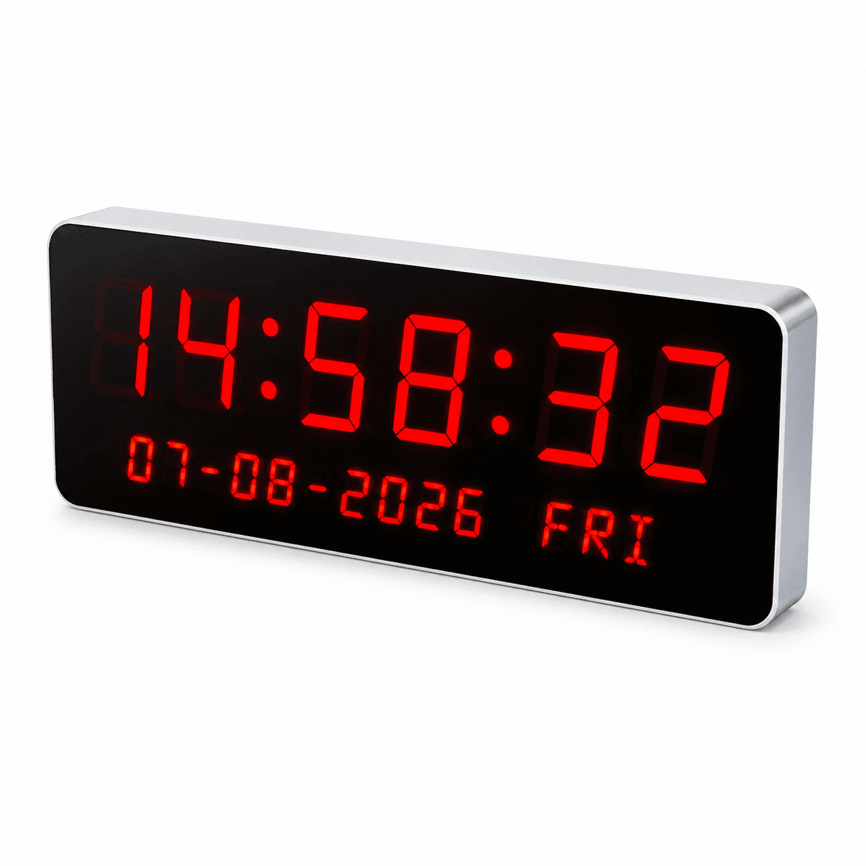 Synchronized digital clock with a bright red LED time and date display.